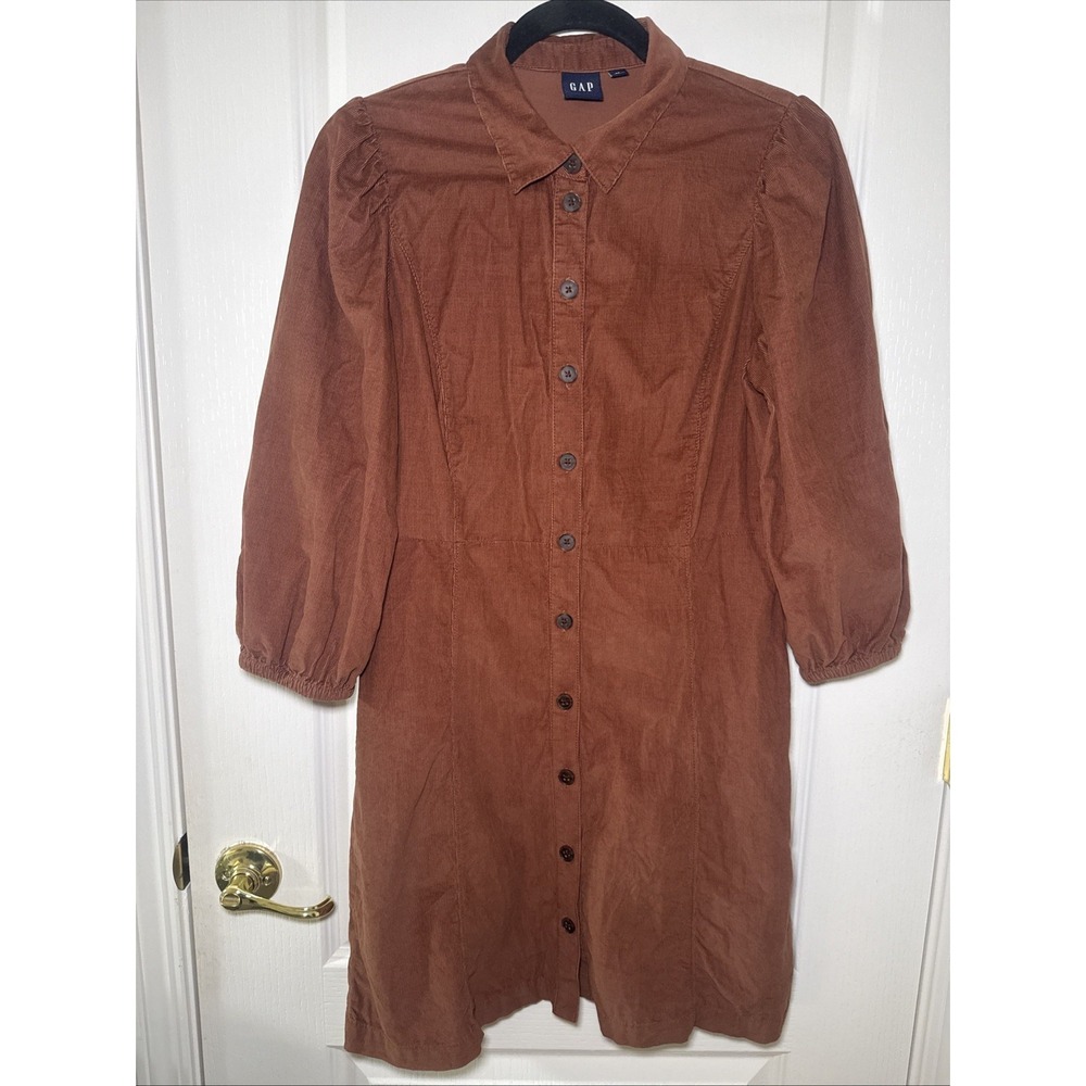 Gap Corduroy Button Front Puff Sleeve Dress Women's Medium Brown Cottagecore
